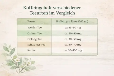 Vergleich des Koffeingehalts verschiedener Teesorten: Weißer Tee (15-30mg), Grüner Tee (20-40mg), Oolong Tee (30-50mg), Schwarzer Tee (40-70mg) und Kaffee (80-100mg) pro Tasse.