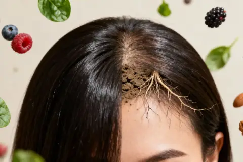 Haarwurzeln in Erde, umgeben von Beeren und Nüssen. Schwarzer Tee kann bei Haarausfall helfen.