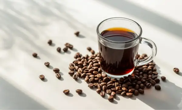 Eine Tasse Filterkaffee mit vielen Kaffeebohnen. Die Frage "wie viel gramm kaffee pro tasse filterkaffee" wird hier visuell angedeutet.